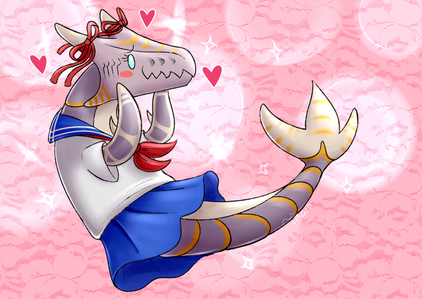 alien blush bone-chan boneshark_(subnautica) clothing eyelashes female feral fish heart_symbol humor marine pattern_background pink_background pink_body pink_scales ribbons rosy_cheeks scales school_uniform shark simple_background smile solo sparkles subnautica tikara uniform unknown_worlds_entertainment white_eyes