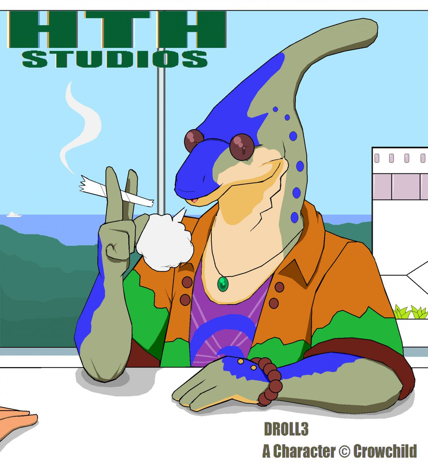 anthro avoid_posting bar chill_out crowchild dinosaur droll3 drugs extinct eyewear glasses hi_res hth_studios male prehistoric_species reptile scalie smoke solo