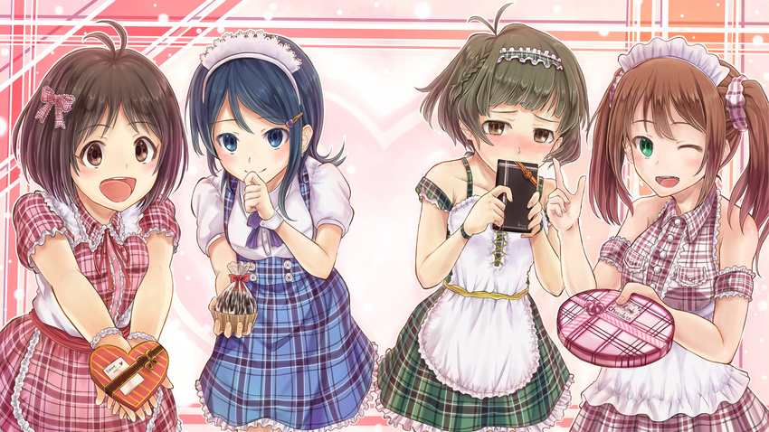 2boys 2girls akizuki_ryo antenna_hair arigato_(rmskrtkdlqj) bad_id bad_pixiv_id bare_shoulders blue_eyes blue_hair blush box brown_eyes brown_hair commentary crossdressing dearly_stars_(idolmaster) dress gift_bag green_eyes hair_ornament hairclip heart-shaped_box hidaka_ai highres idolmaster idolmaster_dearly_stars idolmaster_side-m long_hair looking_at_viewer maid_headdress mizushima_saki mizutani_eri multiple_boys multiple_girls one_eye_closed open_mouth otoko_no_ko photoshop_(medium) plaid plaid_dress short_hair smile twintails valentine