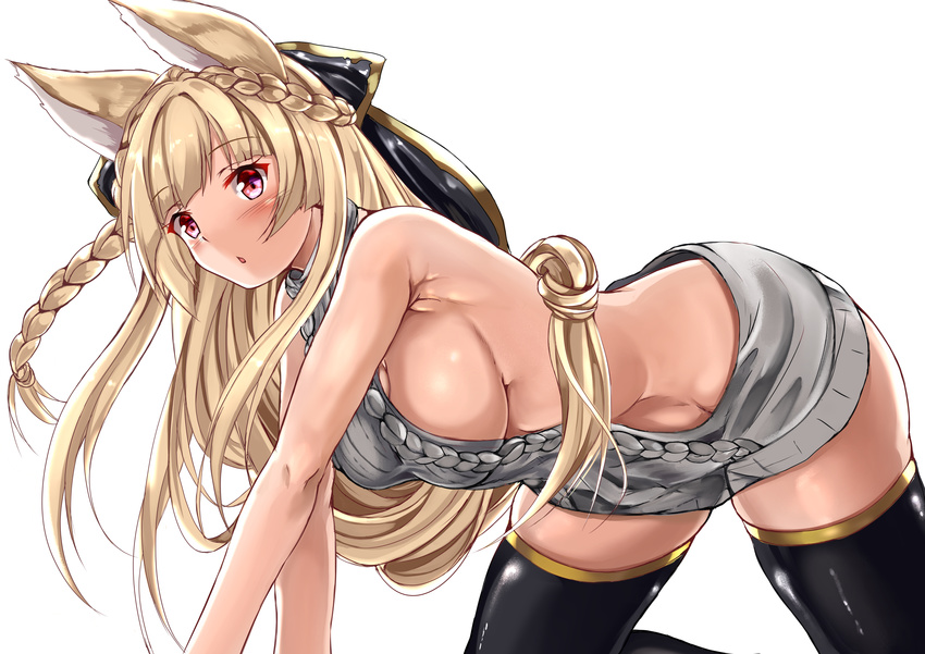 all_fours alternate_costume animal_ears aran_sweater backless_outfit bare_arms bare_back bare_shoulders black_thighhighs braid breasts cable_knit commentary_request dress erune female french_braid granblue_fantasy halterneck highres large_breasts long_hair looking_at_viewer low-tied_long_hair meme_attire naked_sweater open_mouth ribbed_sweater sideboob simple_background skindentation solo sweater sweater_dress thighhighs thighs turtleneck turtleneck_sweater uchida_shou very_long_hair virgin_killer_sweater white_background yuisis_(granblue_fantasy)