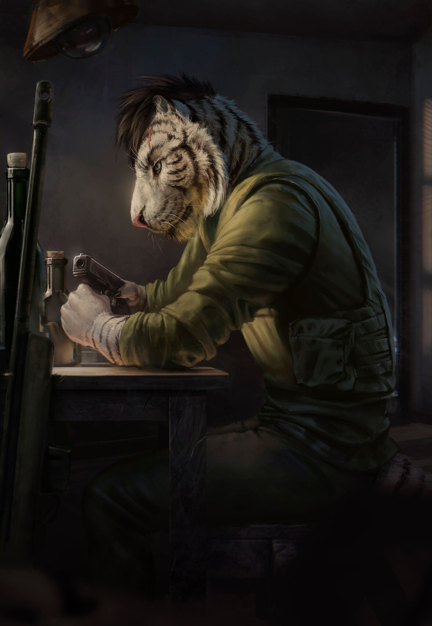 2018 alcohol anthro beverage biped clothed clothing conditional_dnp detailed detailed_fur edron_(mr-yiffy) felid fur green_eyes gun hi_res latex_(artist) leucistic male mammal pantherine range_weapon ranged_weapon rifle scar sitting solo stripes tiger weapon whiskers