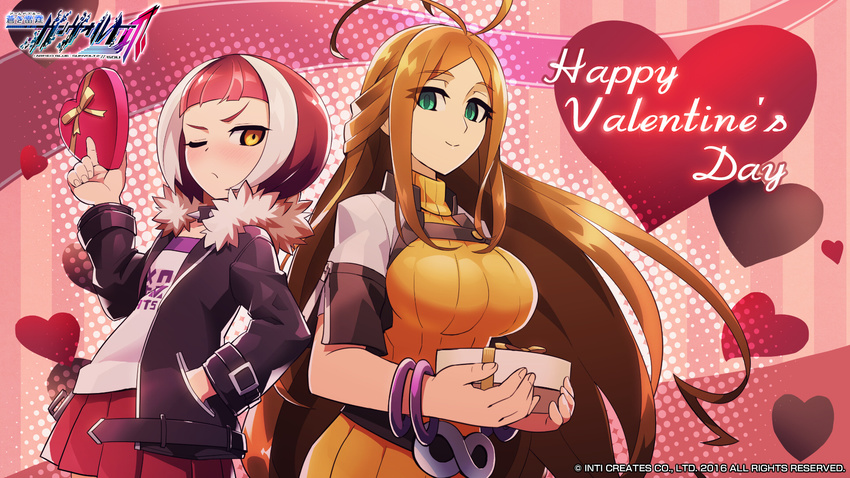 2girls antenna_hair azure_striker_gunvolt azure_striker_gunvolt_2 bowl box breasts brown_hair dress fur_trim gibril_(gunvolt) gift green_eyes hand_in_pocket happy_valentine hatakeyama_yoshitaka heart-shaped_box highres jacket large_breasts logo long_hair looking_at_viewer multicolored_hair multiple_girls nike_(gunvolt) official_art one_eye_closed red_hair ribbed_dress short_hair skirt small_breasts smile streaked_hair turtleneck valentine yellow_eyes