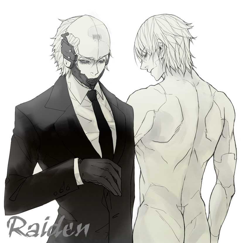 2boys ash_(ash1210) commentary_request cyborg dual_persona formal gloves lapels metal_gear_(series) metal_gear_solid_4:_guns_of_the_patriots multiple_boys necktie notched_lapels nude photoshop_(medium) raiden_(metal_gear) suit