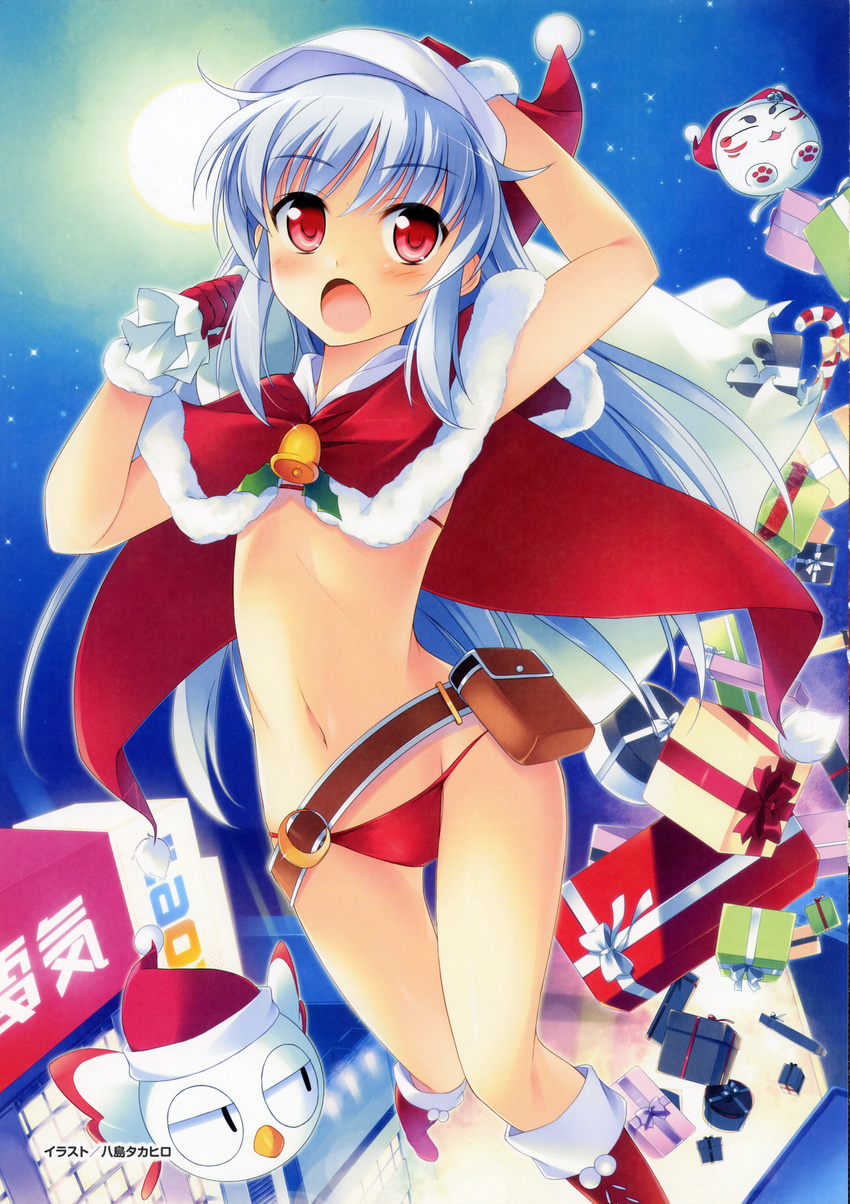 absurdres belt bikini bird blue_hair cape christmas feline female gift gloves hat highres loose_belt lovekami moon red_bikini red_eyes sack santa_bikini santa_costume santa_hat solo swimsuit tsukuyomi_usagi yashima_takahiro