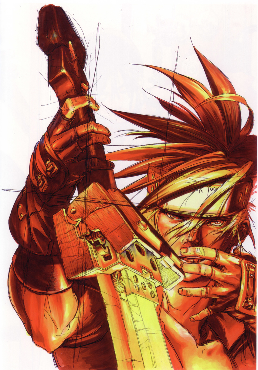 1boy absurdres fingerless_gloves fireseal forehead_protector gloves guilty_gear headband highres imageboard_desourced ishiwatari_daisuke male_focus monochrome non-web_source photoshop_(medium) reverse_grip sepia sol_badguy solo spiked_hair sword weapon