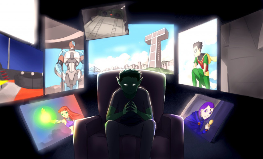 armchair bald beast_boy_(dc) beastboy black_hair cape cyborg_(dc) dark_skin dc_comics dick_grayson garfield_logan green_hair green_skin mask momijigirl orange_hair purple_hair raven raven_(dc) robin_(dc) screen sitting starfire teen_titans victor_stone