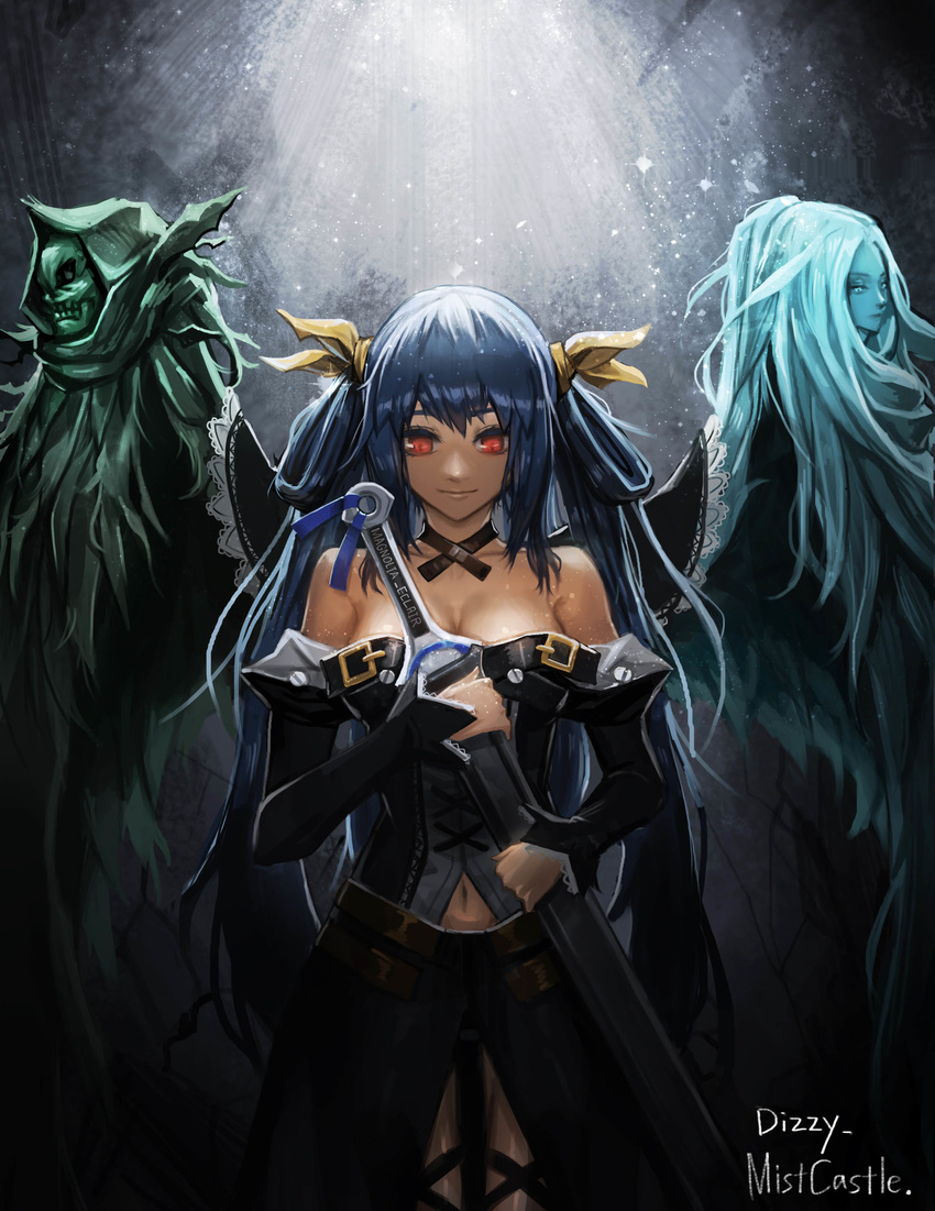 absurdres artist_name bare_shoulders black_shirt black_skirt blue_hair breasts character_name cleavage closed_mouth commentary_request detached_sleeves dizzy_(guilty_gear) female guilty_gear guilty_gear_xrd hair_ribbon highres holding holding_sword holding_weapon long_hair magnolia_eclair_ii medium_breasts mistcastle navel necro_(guilty_gear) photoshop_(medium) red_eyes ribbon sheath sheathed shirt skirt sleeves_past_wrists smile standing sword twintails undine_(guilty_gear) very_long_hair weapon wings yellow_ribbon