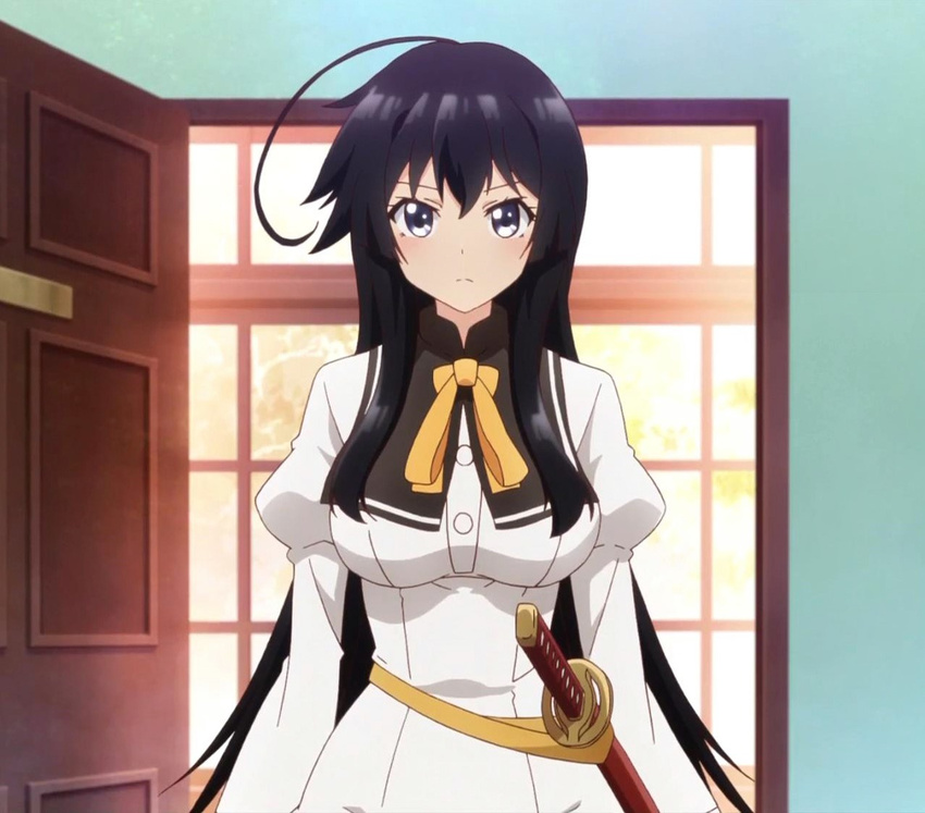 ahoge black_hair blue_eyes blush breasts female jinryou_karen long_hair looking_at_viewer ore_ga_ojou-sama_gakkou_ni_"shomin_sample"_toshite_rachirareta_ken purple_eyes purple_hair school_uniform screencap silver_link solo standing sword