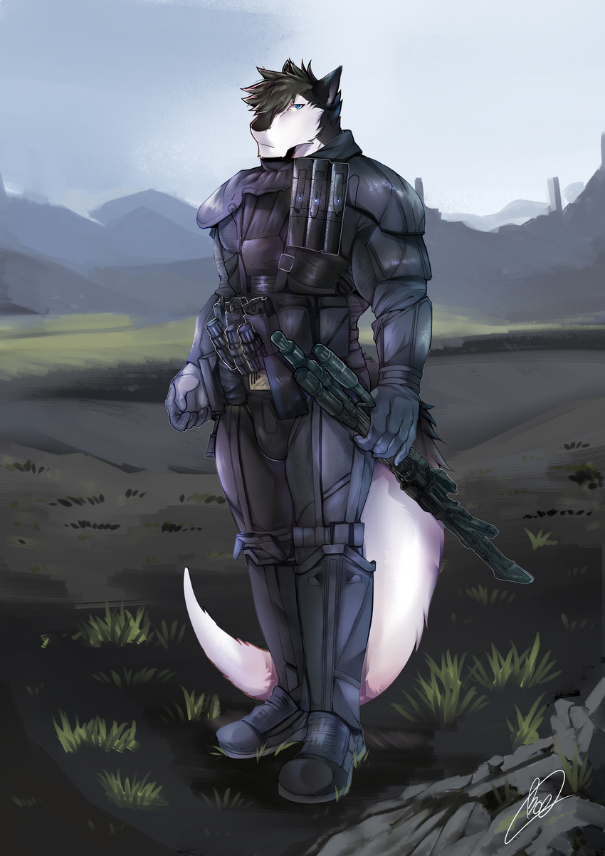 absurd_res anthro armor booboo34 boots clothing day discordnight footwear fur gloves gun handwear hi_res land muscular muscular_anthro outside ranged_weapon sergal simple_background sky solo tail weapon