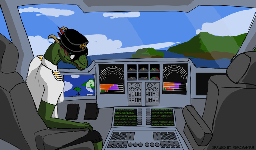 aircraft airplane anthro argonian blue_eyes breasts clothing cockpit feathers female hi_res horn inside_airplane looking_at_viewer mercrantos microsoft non-mammal_breasts scalie screen solo the_elder_scrolls uniform vehicle