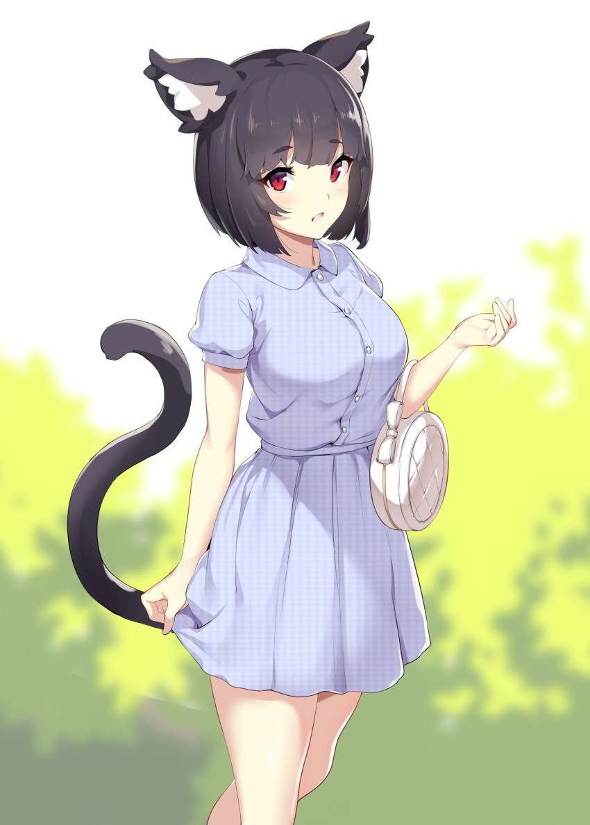 :d alternate_costume animal_ear_fluff animal_ears azur_lane bag bangs black_hair blouse blue_blouse blue_skirt blurry blurry_background blush bow breasts casual cat_ears cat_tail checkered checkered_skirt collared_blouse commentary_request cowboy_shot day eyebrows_visible_through_hair hand_up handbag highres ikomochi looking_at_viewer medium_breasts open_mouth outdoors pleated_skirt puffy_short_sleeves puffy_sleeves red_eyes shiny shiny_hair short_hair short_sleeves skirt skirt_hold smile solo tail thighs unmoving_pattern white_bow yamashiro_(azur_lane)