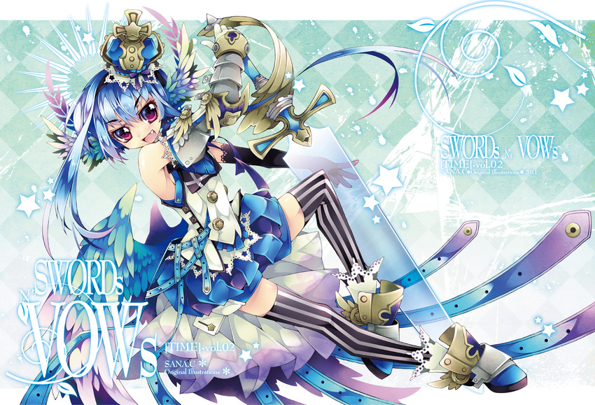 :d ahoge arched_crown bad_id bad_pixiv_id blue_crown blue_eyes blue_hair checkered_background crown female full_body gauntlets gloves happy head_wings highres huge_weapon knight multicolored_eyes oerba_yun_fang open_mouth original photoshop_(medium) red_eyes sana.c see-through shoes short_hair smile solo star_(symbol) striped_clothes striped_thighhighs sword thighhighs vertical-striped_clothes vertical-striped_thighhighs weapon wings