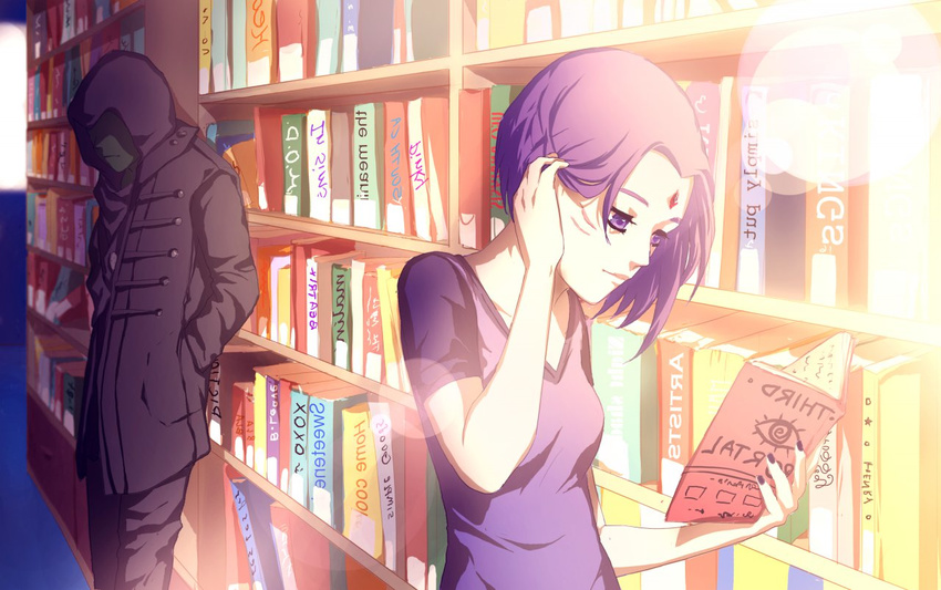 1boy beast_boy_(dc) book bookshelf dc_comics female garfield_logan green_skin hood jacket library momijigirl nail_polish purple_eyes purple_hair purple_nails purple_shirt raven_(dc) reading shelf teen_titans