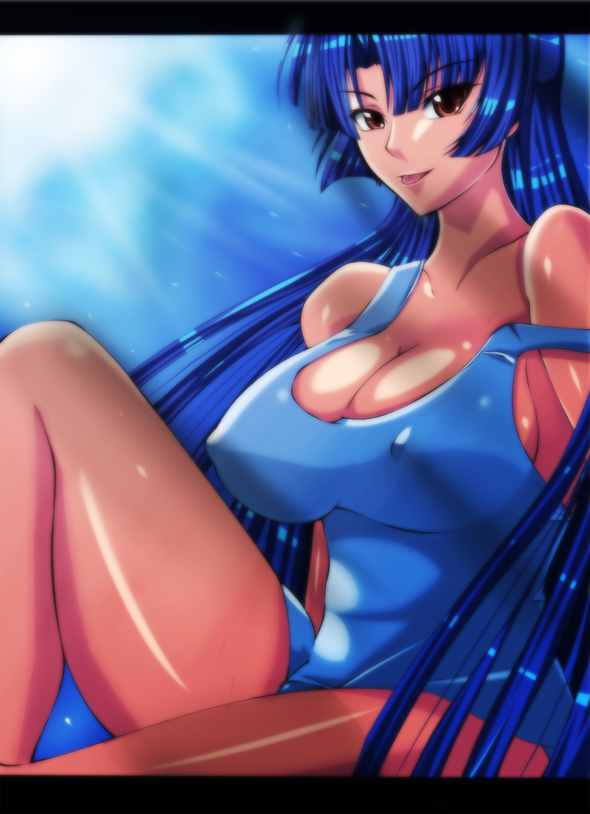 alternate_costume bare_arms bare_legs bare_shoulders blue_hair blue_one-piece_swimsuit blush breasts brown_eyes casual_one-piece_swimsuit collarbone covered_nipples duplicate eyelashes female from_side highres knee_up large_breasts letterboxed light_rays long_hair looking_at_viewer looking_to_the_side one-piece_swimsuit parted_bangs pixel-perfect_duplicate r-wade solo strap_slip sunbeam sunlight swimsuit taimanin_(series) taimanin_asagi tongue tongue_out very_long_hair yatsu_murasaki