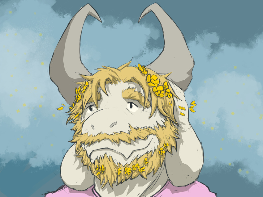 4:3 anthro asgore_dreemurr beard boss_monster_(undertale) bovid caprine cloud facial_hair fangs flower fur galrock hi_res horn long_ears male mammal mature_anthro mature_male plant solo teeth undertale undertale_(series) white_body white_fur