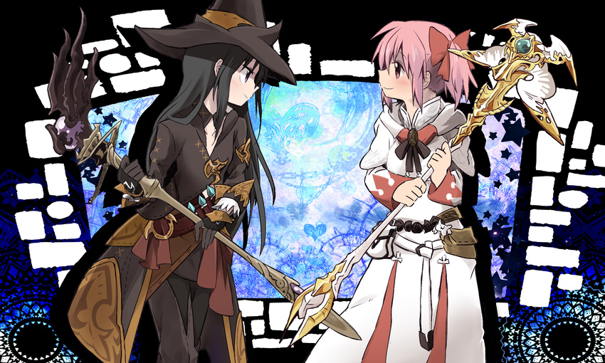 2girls akemi_homura amaiwashi bad_id bad_pixiv_id belt_pouch black_hair black_mage_(final_fantasy) black_mage_(final_fantasy)_(cosplay) blue_theme bow cloak cosplay eye_contact final_fantasy final_fantasy_xiv from_side hairbow hat head_tilt highres holding holding_weapon kaname_madoka kyuubee long_hair looking_at_another mahou_shoujo_madoka_magica mahou_shoujo_madoka_magica_(anime) multiple_girls pink_hair pocket polearm pouch profile purple_eyes short_hair short_twintails smile standing twintails wand warrior_of_light_(ff14) weapon white_mage_(final_fantasy) white_mage_(final_fantasy)_(cosplay) witch_hat