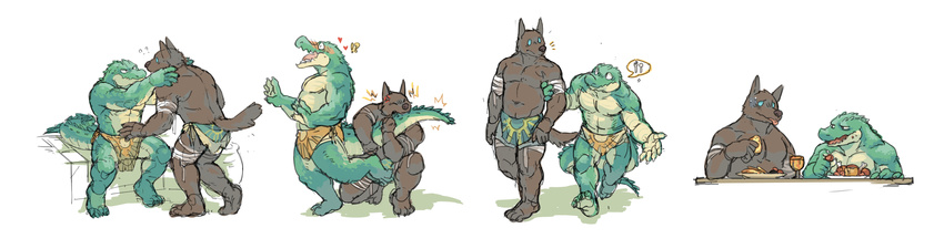 abs anthro anubian_jackal base_one_layout basic_sequence beau_555 biceps bite black_nose blue_eyes blush bottomwear brown_body brown_fur canid canine canis closed_eyes clothed clothing countershading crocodile crocodilian crocodylid doublebite_(artist) duo food four_frame_image four_frame_sequence fur green_body green_scales heart_symbol hi_res indirect_incest_(lore) jackal league_of_legends linear_sequence loincloth male male/male mammal muscular muscular_male nasus_(lol) nipples one_row_layout pecs renekton reptile riot_games scales scalie sequence simple_background smile tencent tongue topless white_background