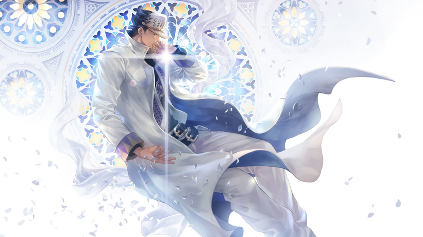 1boy aged_up blue_hair commentary_request hat ishiima_shiro jojo_no_kimyou_na_bouken kujo_jotaro long_coat male_focus md5_mismatch petals resolution_mismatch solo stained_glass white_theme