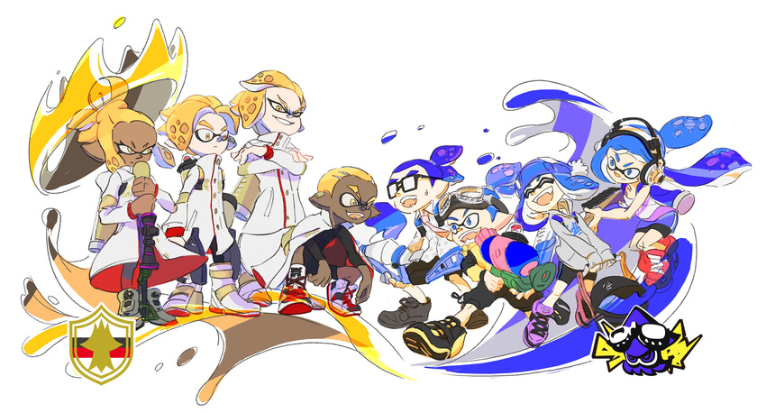 3girls 5boys absurdres blonde_hair blue_hair bobble-chan_(splatoon) bobblehat boots commentary_request dark-skinned_male dark_skin emperor_(splatoon) glasses glasses-kun_(splatoon) goggle-kun_(splatoon) goggles headphone-chan_(splatoon) headphones highres ink_tank_(splatoon) inkbrush_(splatoon) inkling inkling_boy inkling_girl inkling_player_character inoue_seita jersey multiple_boys multiple_girls n-pacer_(splatoon) official_art pointy_ears prince_(splatoon) shoes simple_background slosher_(splatoon) sneakers splatoon_(manga) splatoon_(series) splatoon_2 splattershot_(splatoon) squatting squidkid_jr. white_background