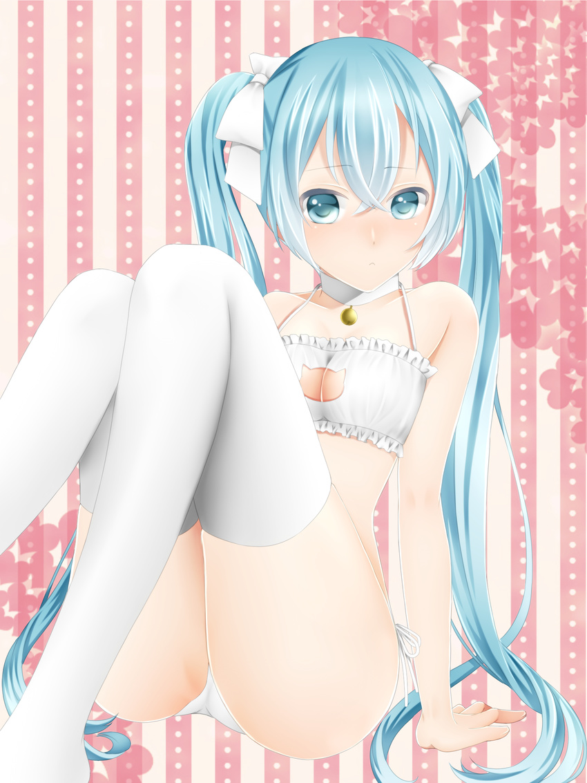 blue_eyes blue_hair bra breasts cat_cutout cat_lingerie cleavage cleavage_cutout clothing_cutout commentary_request female hair_ribbon hatsune_miku highres long_hair looking_at_viewer meme_attire navel panties ribbon sakurai_sakurako side-tie_panties sitting small_breasts solo thighhighs twintails underwear underwear_only vocaloid white_bra white_panties white_ribbon white_thighhighs