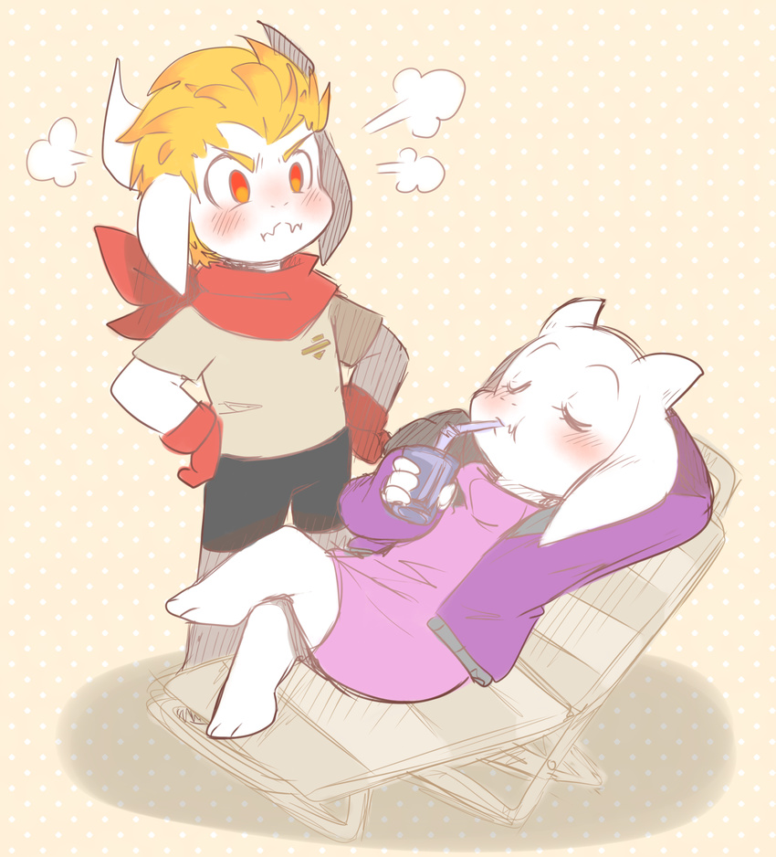 alternate_universe altertale angry anthro asgore_(altertale) asgore_dreemurr blonde_hair boss_monster_(undertale) bovid caprine chair clothed clothing drinking duo female food fur furniture hair hi_res hoodie horn long_ears male mammal scarf simple_background thegreatrouge topwear toriel toriel_(altertale) undertale undertale_(series) white_body white_fur