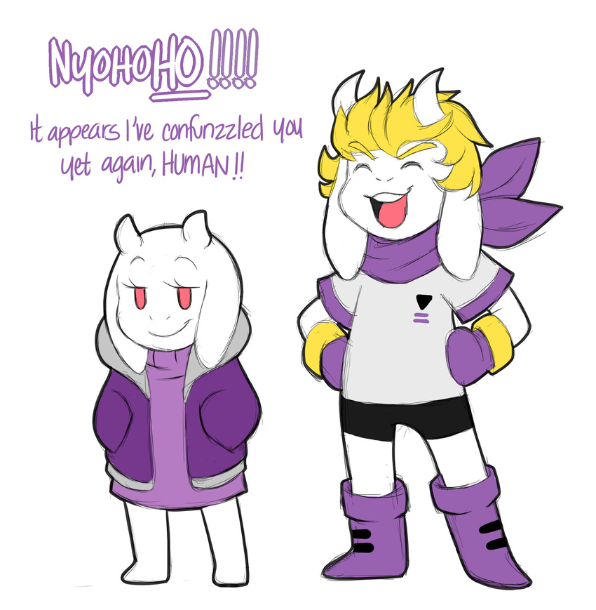 alternate_universe altertale anthro asgore_(altertale) asgore_dreemurr blonde_hair boots boss_monster_(undertale) bovid caprine clothed clothing duo english_text female footwear friisans fur gloves hair handwear hi_res hoodie horn male mammal no_pupils red_eyes simple_background text topwear toriel toriel_(altertale) undertale undertale_(series) white_background white_body white_fur