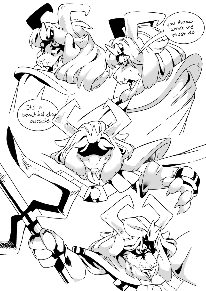 anthro artsy asgore_dreemurr beard boss_monster_(undertale) bovid cape caprine clothing crown dialogue english_text facial_hair fangs headgear hi_res horn long_ears looking_away male mammal mature_anthro mature_male melee_weapon monochrome polearm simple_background solo teeth text trident undertale undertale_(series) weapon