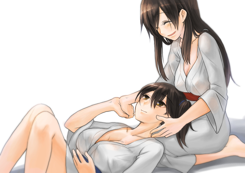 2girls akagi_(kancolle) black_hair breasts brown_eyes cleavage closed_eyes collarbone commentary_request cradling_head fukuroumori holding_hands interlocked_fingers japanese_clothes kaga_(kancolle) kantai_collection knees_together_feet_apart lap_pillow large_breasts light_smile long_hair looking_at_another looking_down looking_up lying_on_person multiple_girls seiza side_ponytail simple_background sitting smile white_background yuri