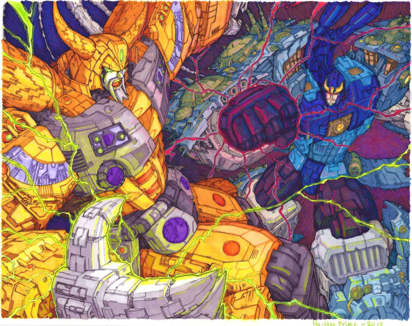 2boys alien battle claws colorized commentary don_allan_figueroa duel electricity energy english_commentary glowing glowing_eyes green_eyes ha-heeprime highres horns male_focus mecha multiple_boys no_humans planet primus_(transformers) red_eyes retro_artstyle robot science_fiction space super_robot transformers transformers_armada transformers_cybertron transformers_unicron_trilogy unicron