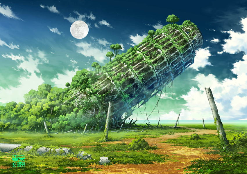 artist_name cloud commentary_request day grass highres leaning_tower_of_pisa moon no_humans original outdoors overgrown photoshop_(medium) post-apocalypse ruins scenery sky tokyogenso tree watermark