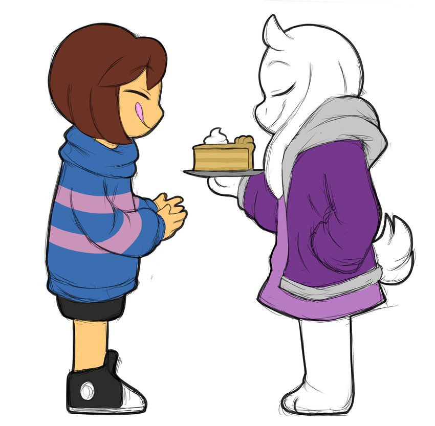 alternate_universe altertale ambiguous_gender anthro boss_monster_(undertale) bovid caprine clothing dessert duo female food friisans frisk_(undertale) fur hair hi_res horn human jacket mammal pastry pie simple_background smile topwear toriel toriel_(altertale) undertale undertale_(series) white_background white_body white_fur