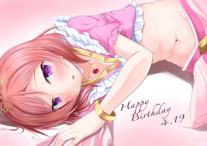 absurdres asakawa-san_(8107ka) blush bracelet clothing_request collarbone commentary_request crop_top dated female frilled_shirt frills groin hair_between_eyes happy_birthday highres jewelry looking_at_viewer love_live! love_live!_school_idol_project lying midriff music_s.t.a.r.t!! navel necklace nishikino_maki on_side parted_lips pink_shirt pink_skirt purple_eyes red_hair shadow shirt short_hair short_sleeves sidelocks simple_background skirt solo tiara