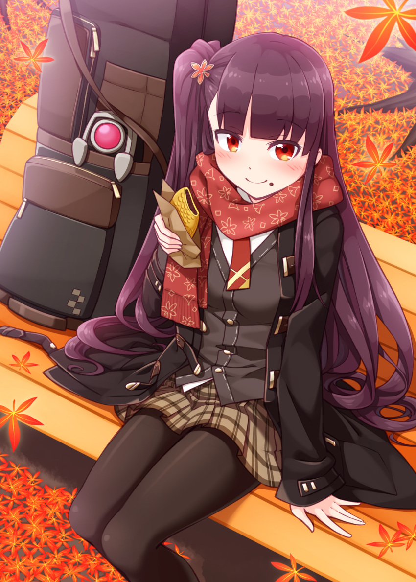 arm_support autumn_leaves bench black_coat black_pantyhose blush brown_skirt closed_mouth coat commentary_request dinergate_(girls'_frontline) feet_out_of_frame female food food_on_face girls'_frontline grey_vest hair_ornament harada_(sansei_rain) highres holding holding_food long_hair long_sleeves looking_at_viewer necktie official_alternate_costume on_bench one_side_up open_clothes open_coat pantyhose park_bench plaid plaid_skirt pleated_skirt print_scarf purple_hair red_eyes red_necktie red_scarf scarf shirt sitting skirt sleeves_past_wrists smile snowflake_hair_ornament snowflake_print solo taiyaki very_long_hair vest wa2000_(date_in_the_snow)_(girls'_frontline) wa2000_(girls'_frontline) wagashi white_shirt