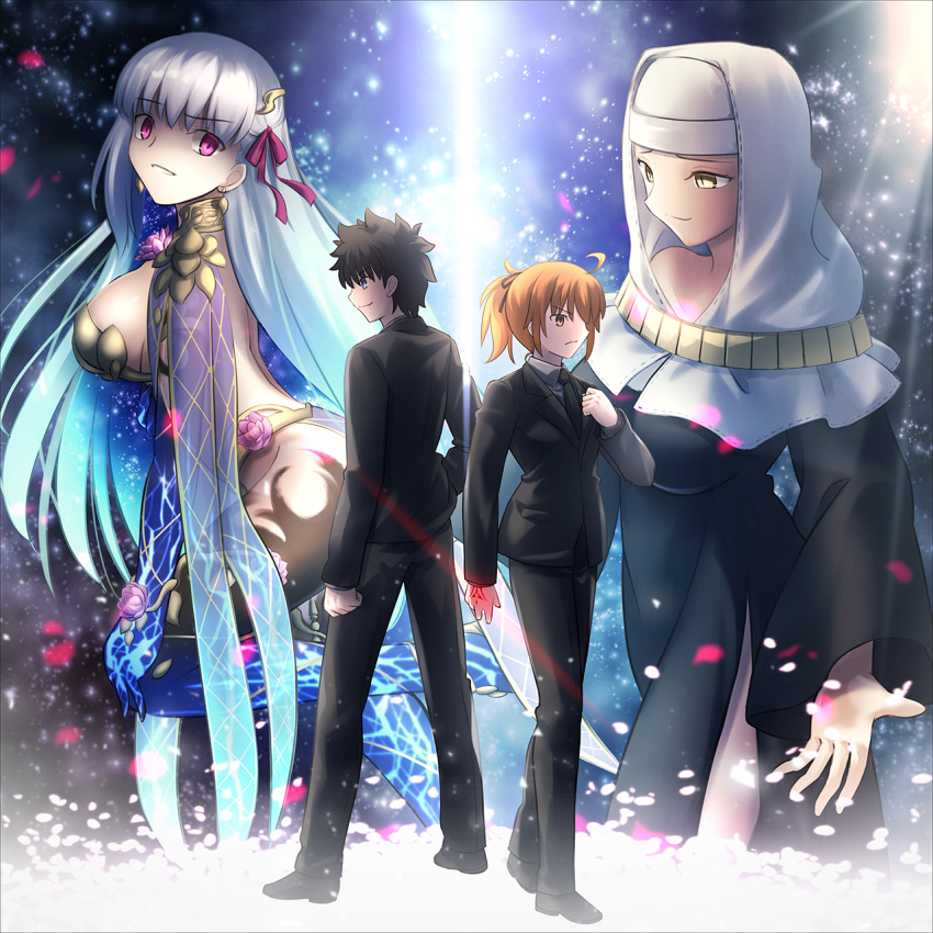 1boy 3girls ahoge black_hair black_pants black_shirt blazer bow breasts brown_eyes closed_mouth collared_shirt colored_inner_hair command_spell dual_persona earrings fate/grand_order fate_(series) formal fujimaru_ritsuka_(female) fujimaru_ritsuka_(female)_(royal_brand) fujimaru_ritsuka_(male) fujimaru_ritsuka_(male)_(royal_brand) hairbow hand_up highres jacket jewelry kama_(fate) large_breasts long_hair long_sleeves looking_at_viewer looking_to_the_side medium_hair multicolored_hair multiple_girls necktie orange_hair pants parody petals purple_eyes see-through sessyoin_kiara shirt shoori_(migiha) short_hair side_slit sidelocks smile standing style_parody suit takeuchi_takashi_(style) very_long_hair white_hair