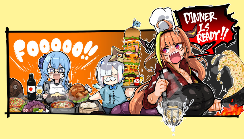 3girls absurdres ahoge alternate_costume amane_kanata angel apple_juice apron baozi bib black_apron black_hairband blonde_hair blue_bow blue_bowtie blue_eyes blue_hair blue_shirt blunt_bangs bob_cut border bottle bow bowtie breasts burger cheese chef_hat cleavage closed_eyes clothes_writing collarbone commentary_request commission cooking cup diagonal-striped_bow diagonal_stripes doukyo's dragon_girl dragon_horns dragon_tail dragon_tail_steak drinking_glass drooling english_text fake_facial_hair fake_mustache fire flipping_food food fork french_fries fried_rice grey_hair hair_over_one_eye hair_ribbon hairband halo hat highres holding holding_fork holding_knife holding_tray hololive hood hood_down hooded_track_jacket horn_bow horn_ornament horns hoshimachi_suisei jacket juice ketchup_bottle kiryu_coco kiryu_coco_(loungewear) knife large_breasts long_hair mini_flag multicolored_eyes multicolored_hair multiple_girls mustard_bottle noodle_strainer noodles official_alternate_costume open_mouth orange_hair pink_hair pizza pointy_ears pot pp_tenshi_t-shirt print_shirt purple_eyes red_eyes red_jacket ribbon sharp_teeth shirt short_hair short_sleeves side_ponytail sidelocks single_hair_intake skeb_commission speech_bubble star-shaped_pupils star_(symbol) star_halo steam strainer streaked_hair striped striped_bow sweat symbol-shaped_pupils syoya t-shirt tail teeth track_jacket tray turkey_(food) upper_body upper_teeth_only virtual_youtuber wavy_hair wine_glass wok yellow_border