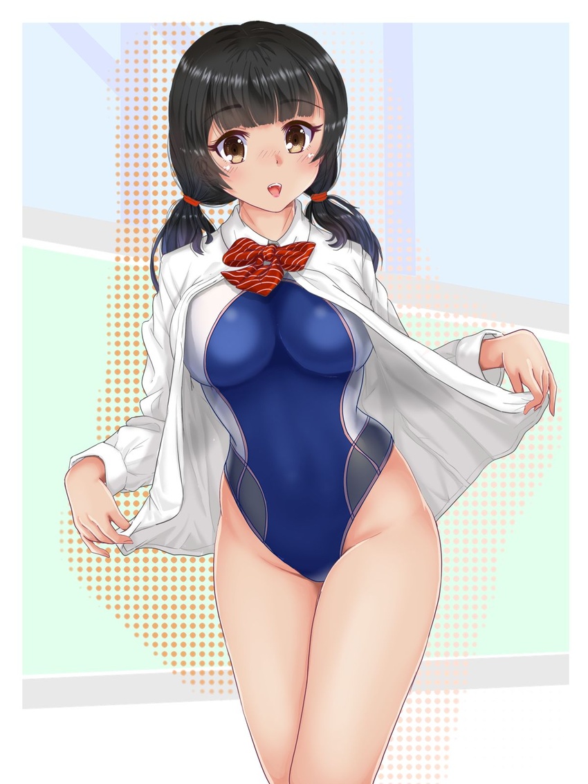 black_hair blue_one-piece_swimsuit bow bowtie breasts brown_eyes check_commentary commentary_request competition_swimsuit cowboy_shot dress_shirt female highleg highres impossible_clothes impossible_swimsuit large_breasts leaning_forward long_hair looking_at_viewer low_twintails mashinatsu one-piece_swimsuit open_clothes open_shirt original red_bow red_bowtie shirt smile solo standing swimsuit swimsuit_under_clothes twintails