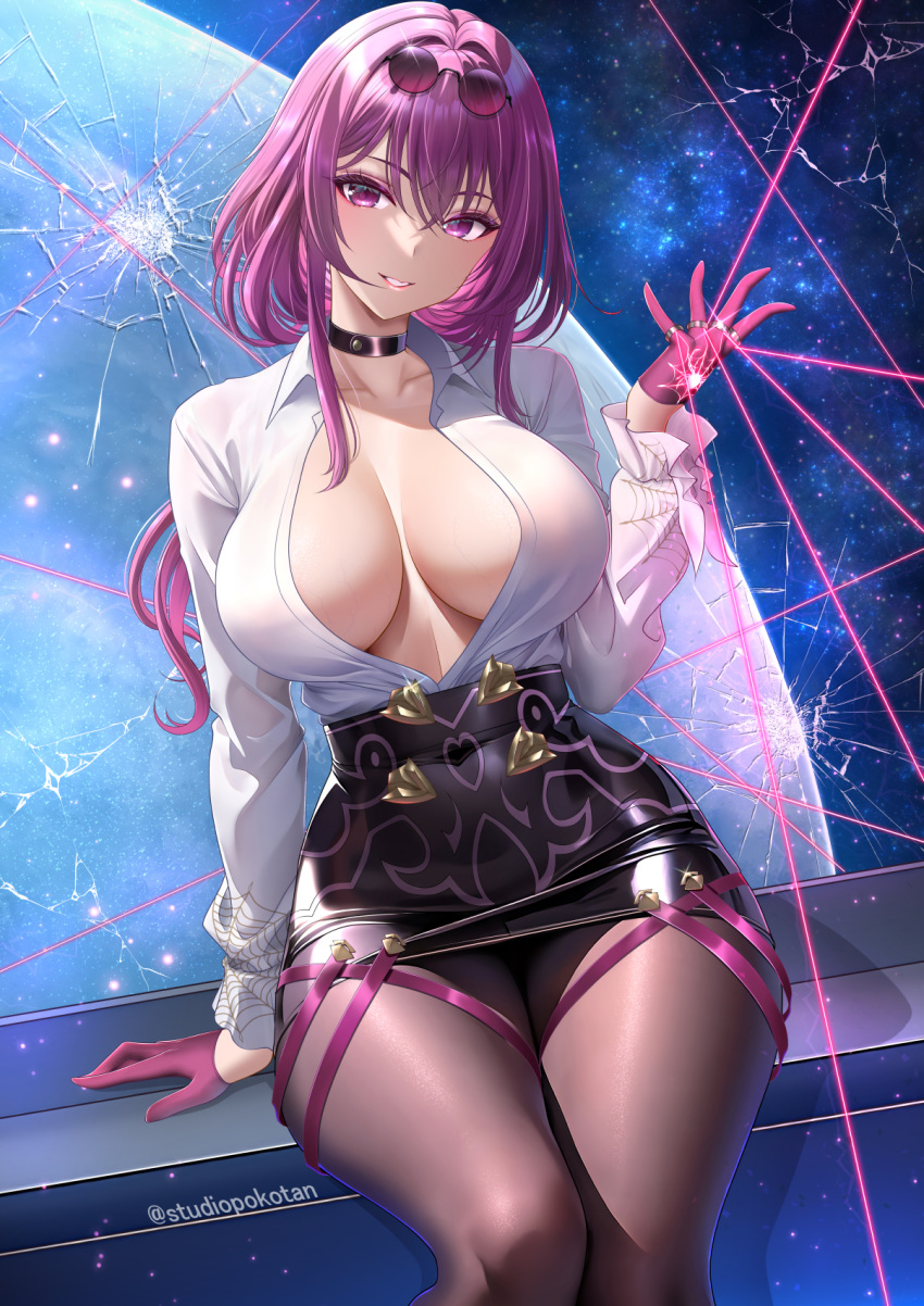 artist_name black_choker breasts choker collared_shirt commentary_request crack cracked_glass eyewear_on_head female glint gloves grin hand_up high-waist_skirt highres honkai:_star_rail honkai_(series) jewelry kafka_(honkai:_star_rail) large_breasts laser long_hair long_sleeves looking_at_viewer multiple_rings nebula no_bra open_clothes open_shirt pantyhose parted_lips partial_commentary pencil_skirt pince-nez print_sleeves puppet_rings puppet_strings purple_eyes purple_gloves purple_hair ring round_eyewear shirt shirt_tucked_in sitting skirt sky smile solo space spider_web_print star_(sky) starry_sky studiopokotan sunglasses suspenders thighs thread twitter_username web_print white_shirt window