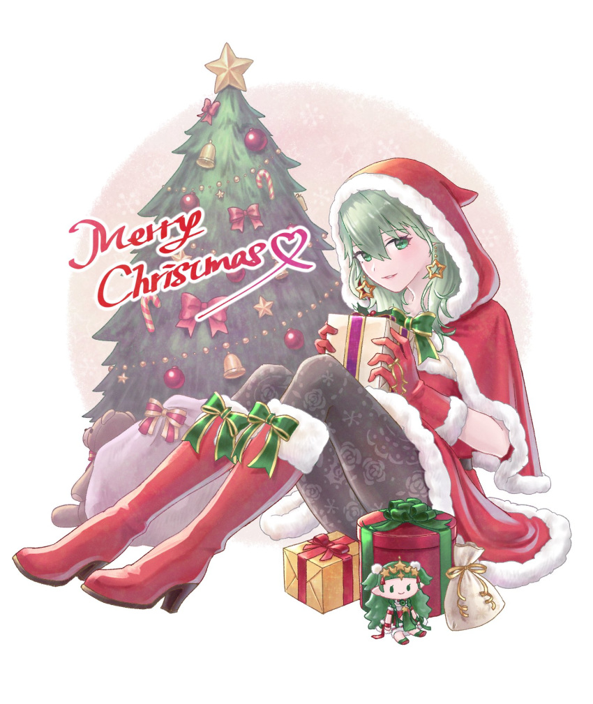 alternate_costume alternate_hair_color bad_id bad_twitter_id boots bow box byleth_(female)_(fire_emblem) byleth_(fire_emblem) candy candy_cane character_doll christmas christmas_ornaments christmas_tree commentary_request earrings enlightened_byleth_(female) female fire_emblem fire_emblem:_three_houses fire_emblem_heroes food fur-trimmed_boots fur_trim gift gift_bag gift_box gloves green_eyes green_hair high_heel_boots high_heels highres holding hood hood_up jewelry knee_boots knees_up medium_hair merry_christmas orio_(oront1y) pantyhose parted_lips red_footwear red_gloves sack santa_boots santa_costume sitting solo sothis_(fire_emblem) sothis_(winter)_(fire_emblem) stuffed_animal stuffed_toy teddy_bear