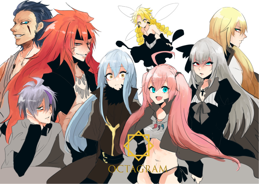 1other 3girls 4boys androgynous belt blonde_hair blue_eyes blue_hair braid collarbone dagruel dino_(tensei_shitara_slime_datta_ken) dress facial_mark fairy fairy_wings fur_collar fur_trim grey_eyes grey_hair guy_crimson hair_between_eyes headband heterochromia jacket jewelry leon_cromwell long_hair looking_at_viewer luminous_valentine midriff milim_nava multiple_boys multiple_girls necklace panties pink_hair pointy_ears ramirisu red_eyes red_hair rimuru_tempest sakusan_yousoeki short_hair simple_background tensei_shitara_slime_datta_ken twintails underwear white_background wide-eyed wings yellow_eyes