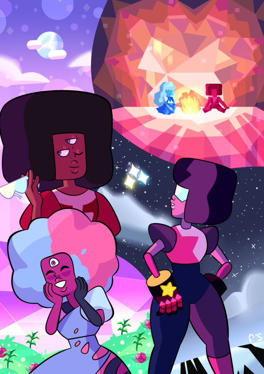 3_eyes afro alien alien_humanoid blue_body blue_hair blue_skin blush brown_hair cartoon_network closed_eyes eyewear felipesnowflake female garnet_(gem_species) garnet_(steven_universe) gem gem_(species) gem_fusion hair hi_res humanoid long_hair looking_back multi_eye not_furry one_eye_closed pink_eyes pink_hair purple_eyes red_body red_skin ruby_(gem) ruby_(gem_species) ruby_(steven_universe) sapphire_(gem) sapphire_(gem_species) sapphire_(steven_universe) smile sparkles steven_universe sunglasses wink