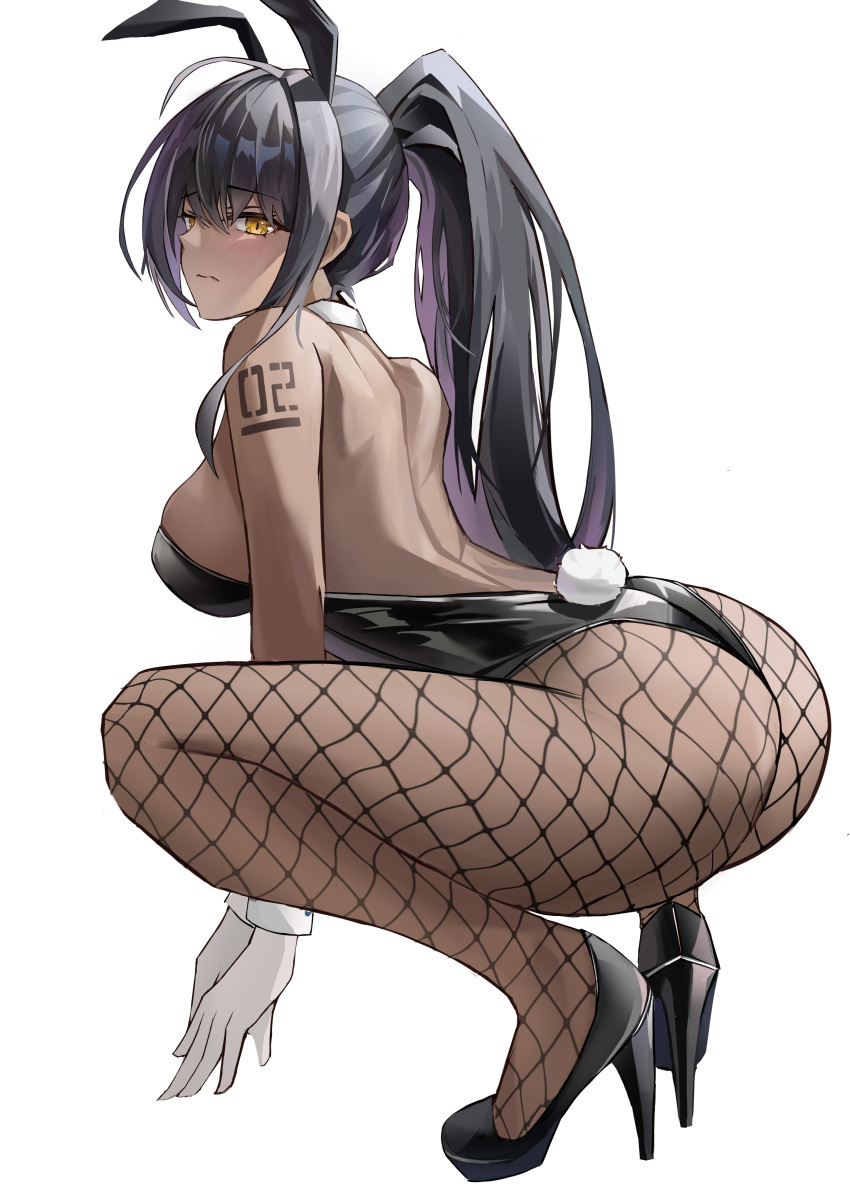 absurdres animal_ears arm_tattoo ass back backless_leotard black_hair black_leotard blue_archive breasts closed_mouth commentary dark-skinned_female dark_skin fake_animal_ears female fishnet_pantyhose fishnets from_side full_body gloves hai_binggan high_heels high_ponytail highres karin_(blue_archive) karin_(bunny)_(blue_archive) large_breasts leaning_forward leotard long_hair looking_at_viewer looking_to_the_side number_tattoo official_alternate_costume pantyhose playboy_bunny rabbit_ears sideboob sidelocks simple_background solo squatting strapless strapless_leotard tattoo very_long_hair white_background white_gloves yellow_eyes