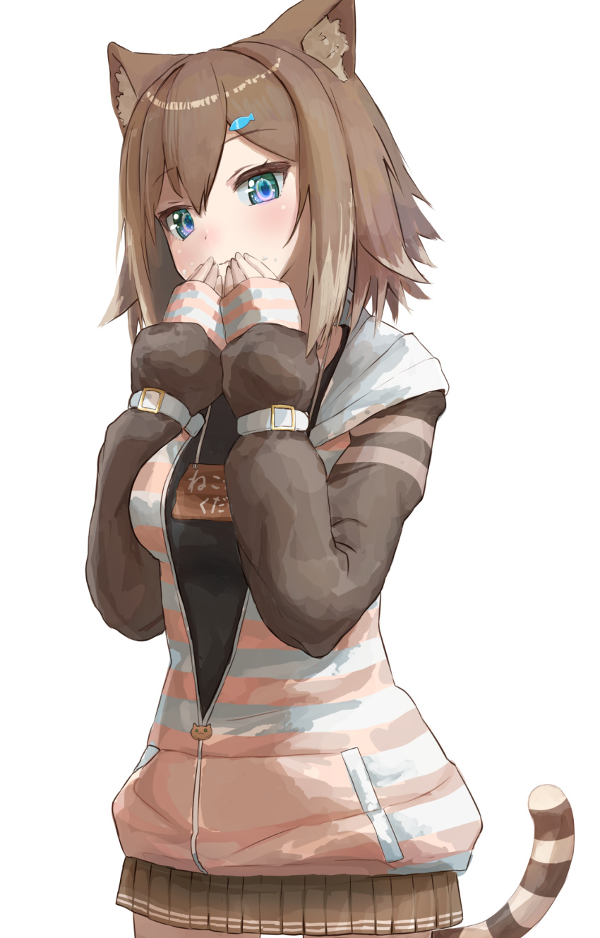 animal_ear_fluff animal_ears blue_eyes breasts brown_hair female fish_hair_ornament fumino_tamaki fumino_tamaki_(1st_costume) hair_ornament highres hood hood_down hoodie large_breasts medium_hair miniskirt na_(zooncopter) name_tag nijisanji sidelocks simple_background skirt solo striped_tail sweater tail thighs virtual_youtuber