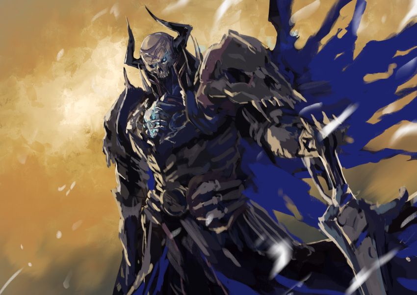 1boy armor black_armor black_cloak blue_cloak cloak fate/grand_order fate_(series) glowing glowing_eyes greatsword highres king_hassan_(fate) kouzuki_kei male_focus mask pauldrons shoulder_armor skull_mask sky solo spikes sword weapon yellow_sky