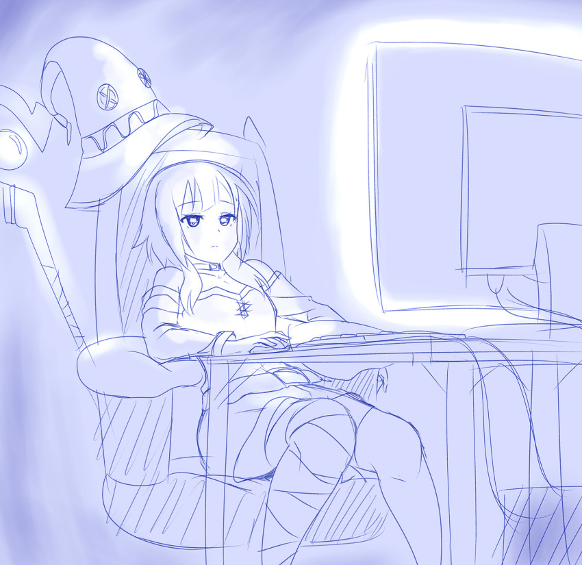 bandaged_leg bandages belt blue_theme closed_mouth collarbone computer_keyboard computer_mouse dress expressionless feet_out_of_frame female hat highres imagine_(meme) kono_subarashii_sekai_ni_shukufuku_wo! megumin meme monitor monochrome screen_light short_hair short_hair_with_long_locks sitting solo staff unfinished unworn_hat unworn_headwear viperxtr witch_hat