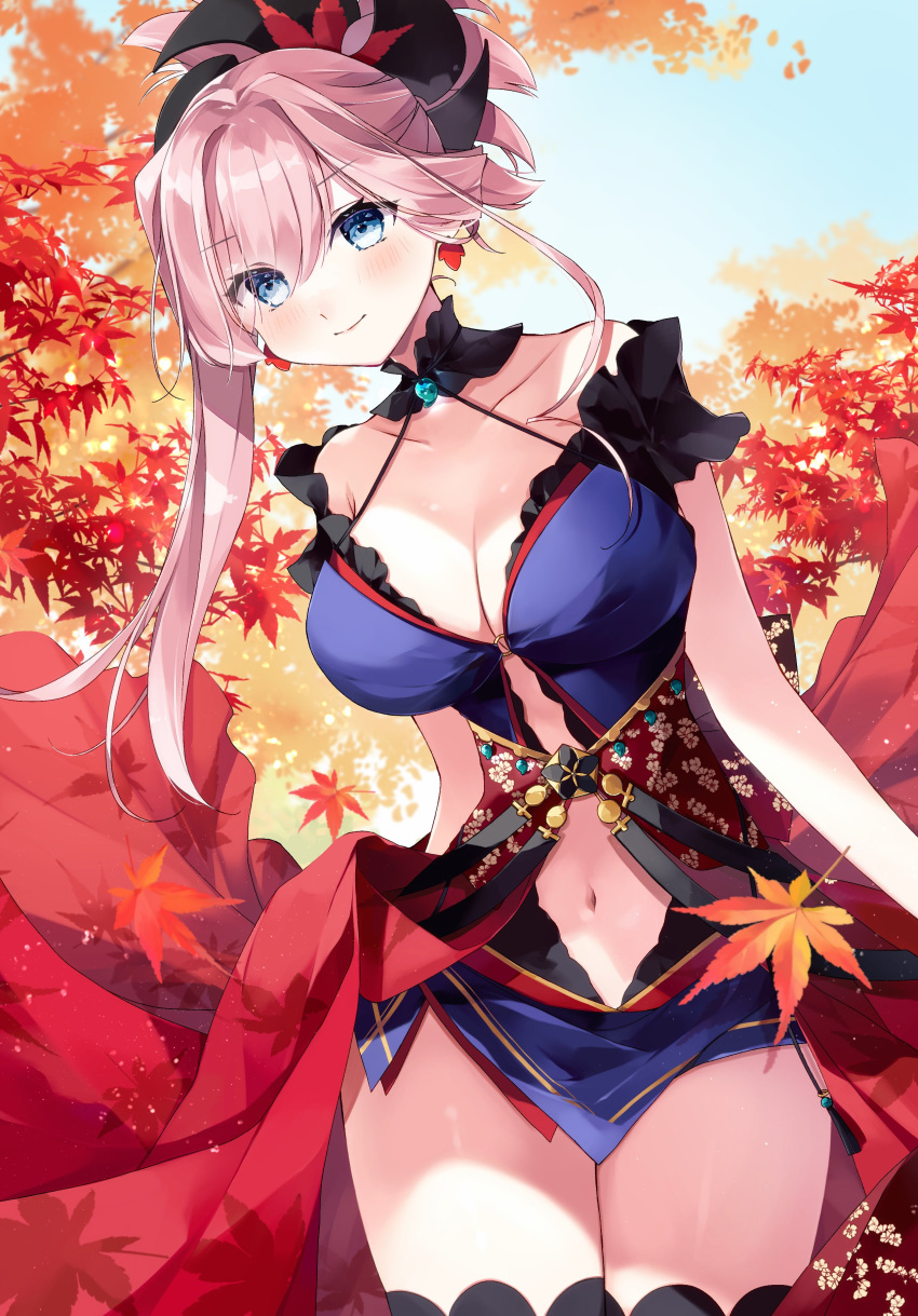 absurdres blue_eyes blue_kimono blush breasts cleavage clothing_cutout detached_sleeves earrings fate/grand_order fate_(series) female hair_ornament highres japanese_clothes jewelry kimono large_breasts leaf_print looking_at_viewer maple_leaf_print misaki346 miyamoto_musashi_(fate) miyamoto_musashi_(third_ascension)_(fate) navel navel_cutout o-ring o-ring_top oak_leaf obi outdoors pink_hair ponytail sash short_kimono sleeveless sleeveless_kimono smile solo thighhighs