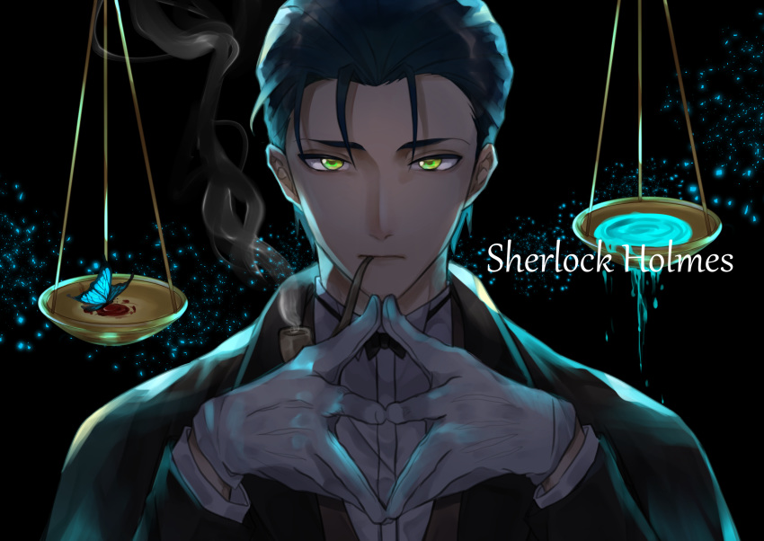 1boy backlighting balance_scale black_hair blue_butterfly bow bowtie bug butterfly dress_shirt fate/grand_order fate_(series) formal gloves green_eyes highres jacket looking_at_viewer male_focus sherlock_holmes_(fate) shirt smoking_pipe solo steepled_fingers weighing_scale white_gloves yamabuki0211