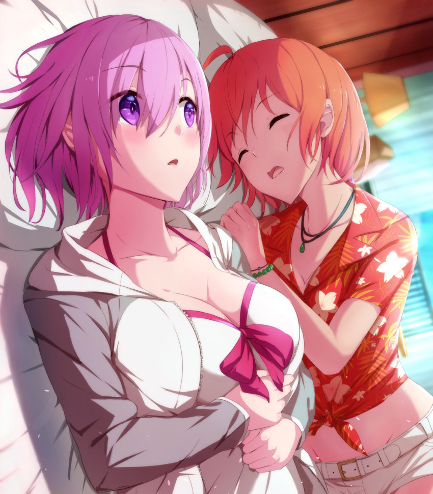 2girls ahoge belt belt_buckle blush bow bracelet breasts buckle casual_one-piece_swimsuit cleavage closed_eyes collarbone commentary_request desk_lamp dutch_angle fate/grand_order fate_(series) floral_print fujimaru_ritsuka_(female) fujimaru_ritsuka_(female)_(tropical_summer) grey_sleeves groin hair_between_eyes hawaiian_shirt highres hood hood_down hooded_jacket indoors jacket jewelry lamp long_sleeves lying mash_kyrielight mash_kyrielight_(swimsuit_of_perpetual_summer) medium_breasts multiple_girls necklace official_alternate_costume on_back on_bed on_side one-piece_swimsuit open_clothes open_jacket open_mouth orange_hair pillow pink_bow pink_hair print_shirt purple_hair red_shirt sakaokasan shirt short_hair short_shorts short_sleeves shorts sleeping swimsuit unzipped upper_body white_jacket white_one-piece_swimsuit white_shorts