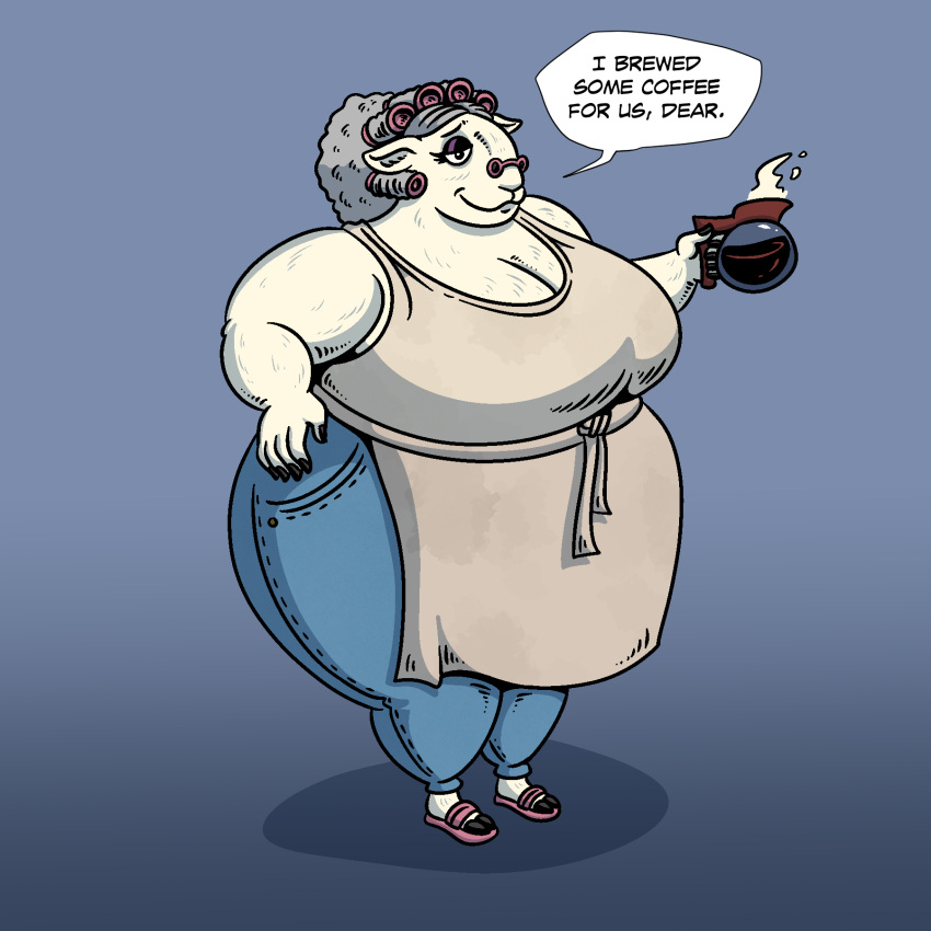 1:1 anthro apron beverage beware_the_shadowcatcher big_breasts black_eyes black_nails blue_background blue_bottomwear blue_clothing blue_pants bottomwear bovid breasts caprine cleavage clothed clothing coffee coffee_pot colored_nails curlers dialogue english_text eyelashes eyewear female fur glasses grey_hair hair hand_on_hip hi_res hooves huge_breasts looking_at_viewer mammal maude_(bts) nails overweight overweight_female pants pink_slippers purveyor-of-blubber round_glasses sheep simple_background smile solo speech_bubble talking_to_viewer text thick_thighs white_body white_fur wide_hips zed_technician_games