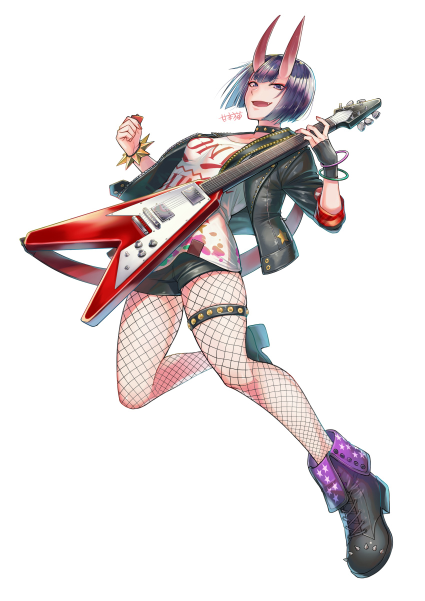 absurdres black_jacket black_shorts bob_cut boots bracelet breasts electric_guitar eyeliner fate/grand_order fate_(series) female fishnet_pantyhose fishnets guitar highres horns instrument jacket jewelry long_sleeves looking_at_viewer makeup oerba_yun_fang oni open_clothes open_jacket open_mouth pantyhose purple_eyes purple_hair raito_(latek) shirt short_hair short_shorts shorts shuten_douji_(fate) simple_background skin-covered_horns small_breasts smile solo spiked_bracelet spikes white_background white_shirt