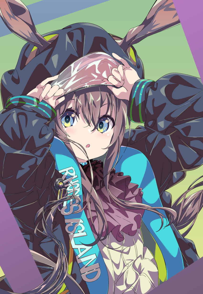 absurdres amiya_(arknights) animal_ears arknights arms_up black_jacket blue_eyes brown_hair commentary_request ears_through_headwear eyebrows_hidden_by_hair female hair_between_eyes highres hood hood_up hooded_jacket jacket long_hair long_sleeves open_clothes open_jacket partial_commentary puffy_long_sleeves puffy_sleeves rabbit_ears sajimaririri shirt sleeves_past_wrists solo upper_body very_long_hair white_shirt